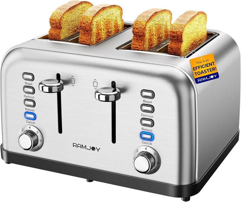 Photo 1 of Toaster 4 Slice, Dual Independent Controls, Extra Wide Slot Toasters for Bagel, Bread, Waffles, 7 Shade Settings, 4 Main Functions, Removable Crumb Tray, 1500 Watts, Brushed Stainless Steel