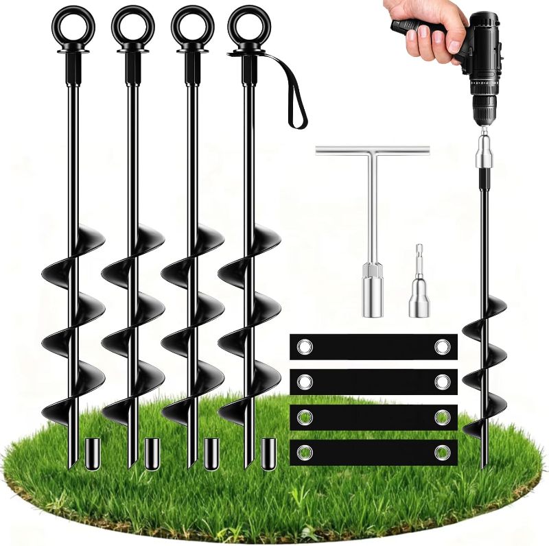 Photo 1 of Ground Anchors Heavy Duty Tent Stakes 18 Inch Swing Set Anchors Kit Screw in Fully Welded Spiral Earth Anchors Trampoline Stakes High Wind Metal for Shed Tent Carports Securing Animals Camping 4Pcs