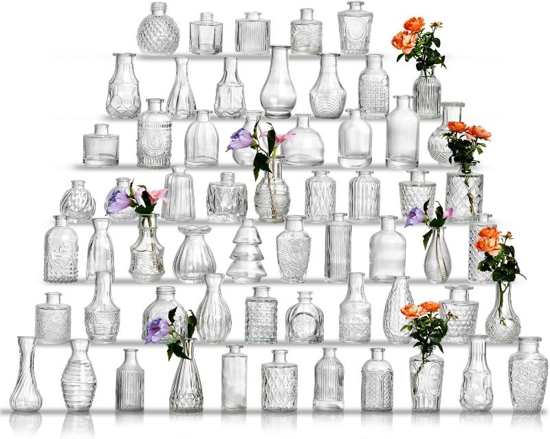 Photo 1 of Glass  Vase Set of 60 - Small Vases for Flowers in Bulk - Assorted Vintage Crystal Vases for Flowers, Table Centerpieces (Clear, 60 Pcs)