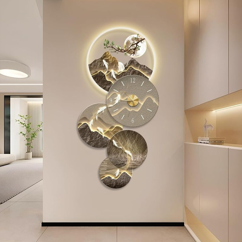 Photo 1 of 3D Wall Art Decor Led, Large Metal Wall Art with Lights, Remote Control Modern Hang Sculpture with Clock, Home Hanging Decor for Living Room, Bedroom, Office, Corridor, Entrance
