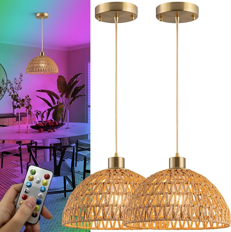 Photo 1 of Battery Operated Pendant Light with Remote-Battery Chandelier Handwoven Rattan, Battery Hanging Light 50+Hours Long Life USB Rechargeable Light Bulb,Perfect for Kitchen Island Light
