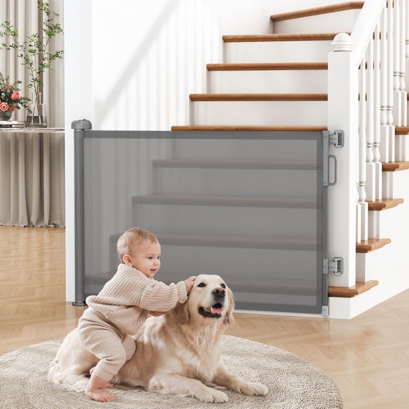Photo 1 of Retractable Baby Gate for Stairs, 55" Wide Mesh Dog Gate Indoor, 34'' Tall Child Gate for Doorways, Hallways, Deck, Indoor Outdoor Pet Baby Safety Essentials for Home, Grey