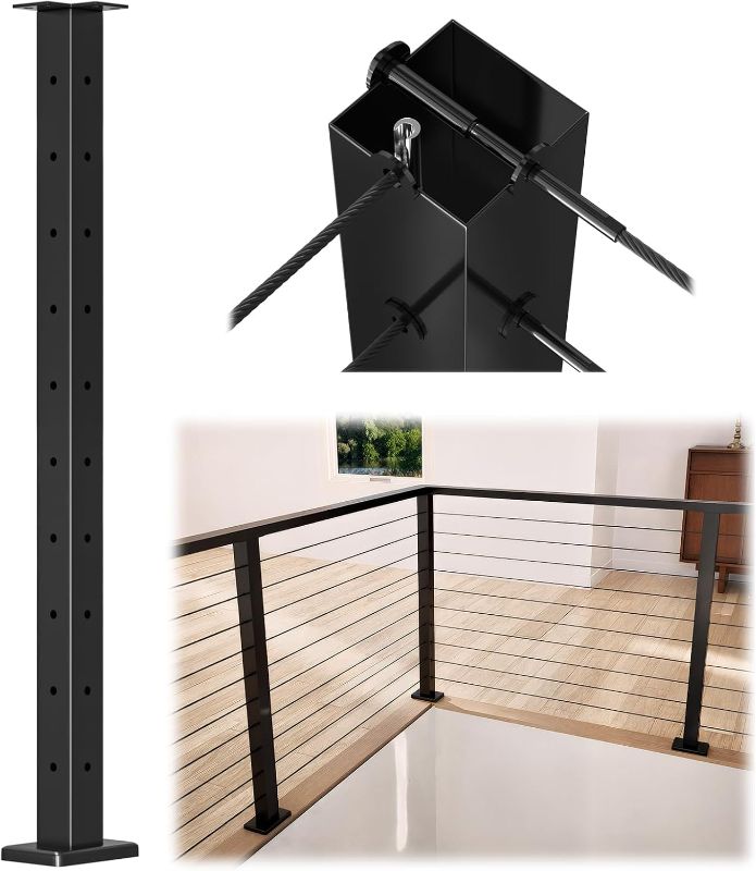 Photo 1 of Muzata Black Corner Cable Railing Post 36 Inch 36"x2"x2" T-drilled One-Post Corner Solution Surface Mount Stainless Steel Cable Railing System Kit Indoor Outdoor with Paper User Guide PS02 B34S