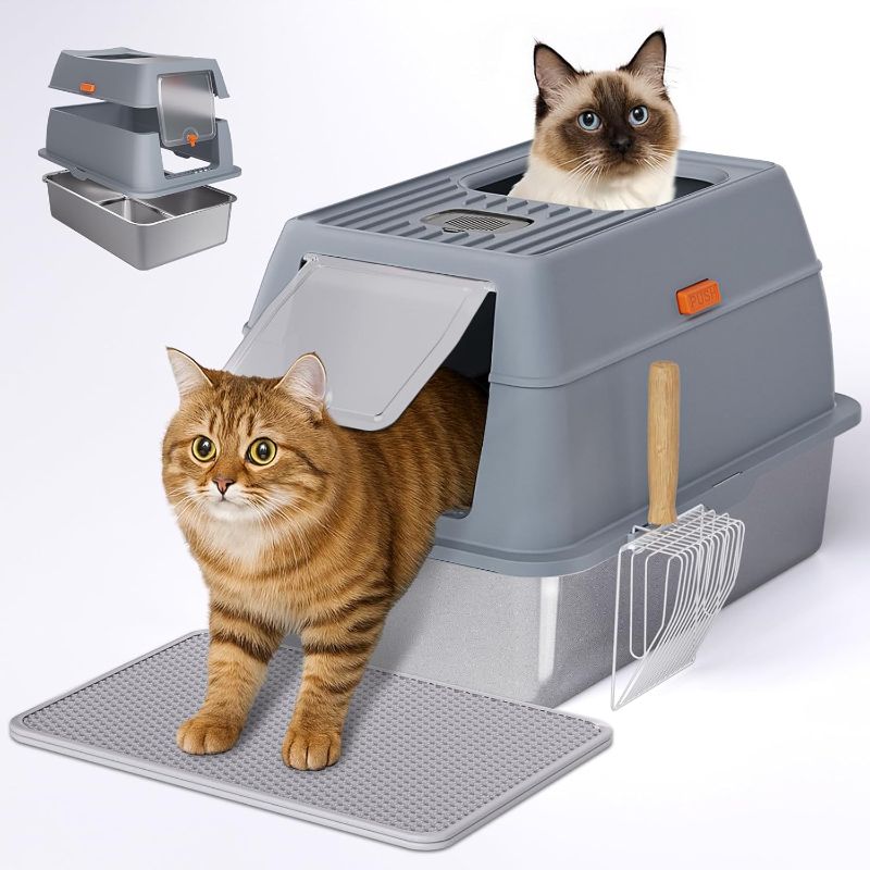 Photo 1 of Stainless Steel Litter Box with Lid, 8” Deep Pan, Extra Large Litter Box for Big Cats, Anti-Leakage, Odor Free, Front & Top Dual Entry, Includes Litter Mat & Metal Scoop