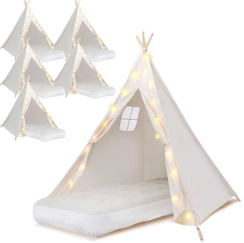 Photo 1 of 6 Pack Teepee Tent for Kids [Thickened] with Light String and Inflatable Airbed, Slumber Party Tents, Sleepover Tents Party for Girls Boys Indoor Outdoor (White)