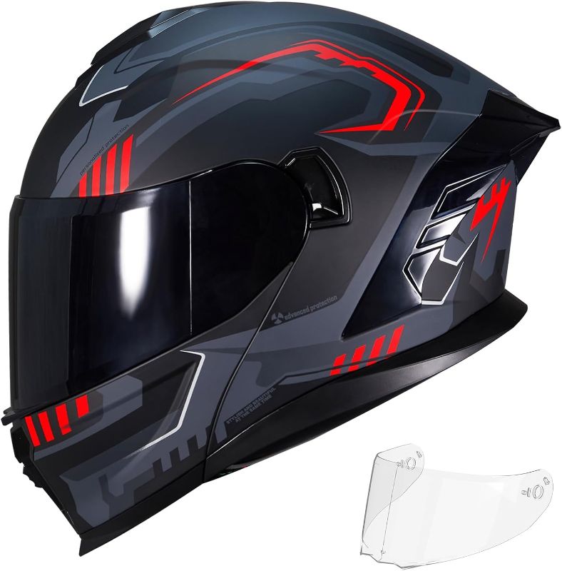 Photo 1 of Motorcycle Helmet,Motorcycle Dual Visor Flip up Modular Full Face Helmet JR-815,DOT Approved Motorbike Helmet with 2 Visors for Adults Men Women(M,Matte Red Evolve)