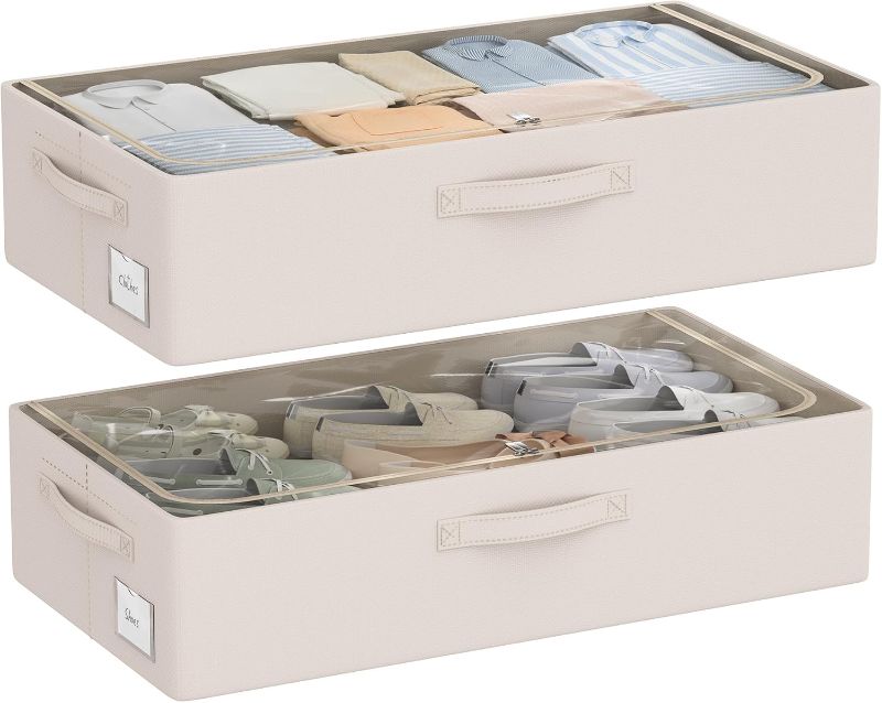 Photo 1 of Under Bed Storage Bins Frame Storage Box Oxford Fabric Sturdy Underbed Container Foldable Stackable Large Capacity Clothes Organizer (23.5x11.8x6.3, Beige)