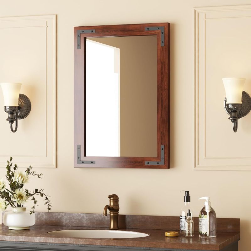 Photo 1 of VocalStar Rustic Wood Framed Mirror 18 x 26 Inch, Natural Dark Brown Wooden Rectangle Bathroom Vanity Wall Mirror for Farmhouse Boho Decor, 1/4-inch Shatterproof Glass | Waterproof