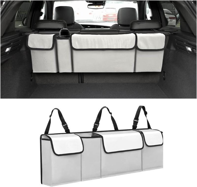 Photo 1 of AUCELI Car Trunk Organizer, Backseat Hanging Large Storage with Adjustable Straps, Waterproof Collapsible Cargo Bag with 4 Pockets, Sturdy Space Saver Frees Trunk Floor for SUV, Truck, MPV