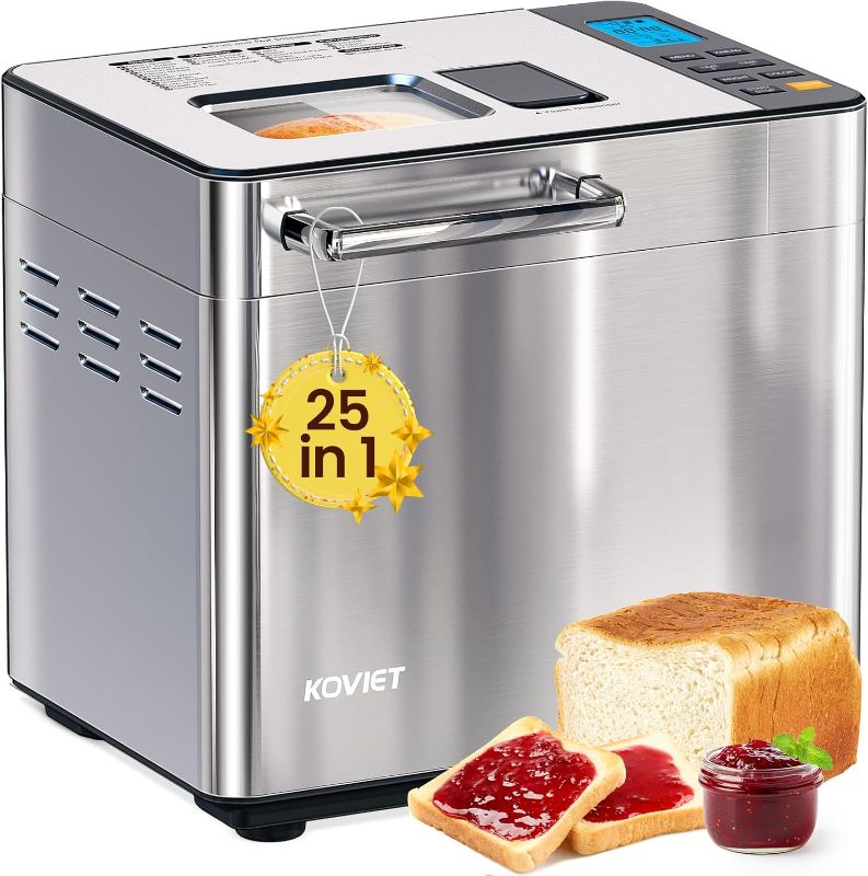 Photo 1 of 25-in-1 Bread Maker Machine with Automatic Dual Dispenser, 2LB Stainless Steel Breadmaker with Gluten-Free, Dough, Jam, Yogurt etc Settings, Silver