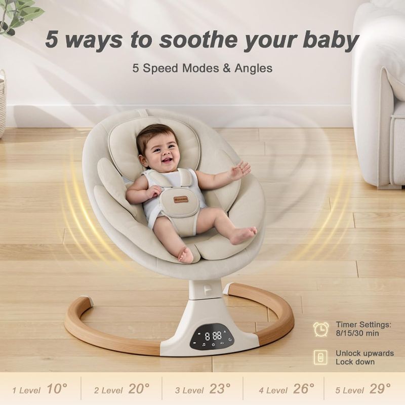 Photo 1 of Baby Swings for Infants, Monamii Baby Swing, Infant Swing with 5 Speeds, 10 Lullabies, Electric Swing for Baby, Indoor & Outdoor Use (Beige)