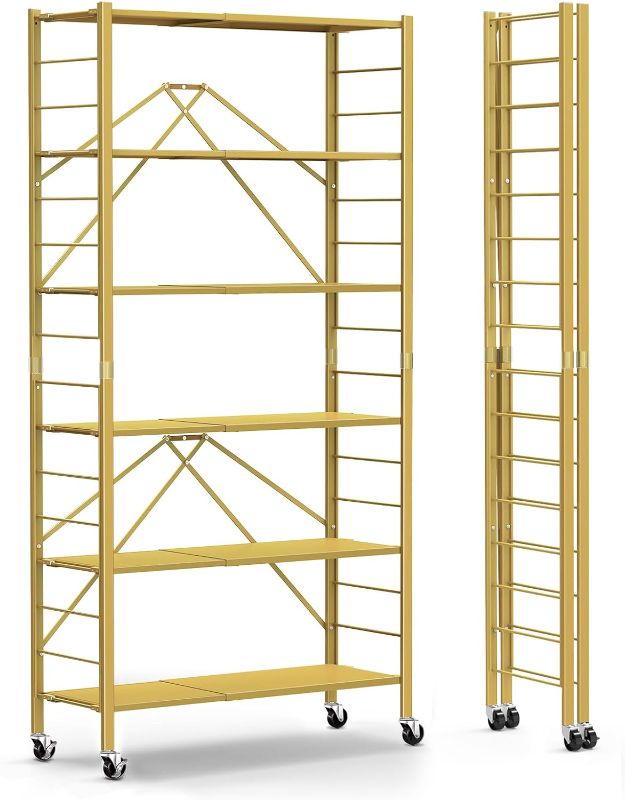 Photo 1 of Himix 6 Tier Foldable Storage Shelves, Expandable Folding Bookshelf with Wheels, Changeable into 2 Shelf Units, Collapsible Adjustable Storage Rack Metal Shelves for Garage Kitchen, Basement, Gold