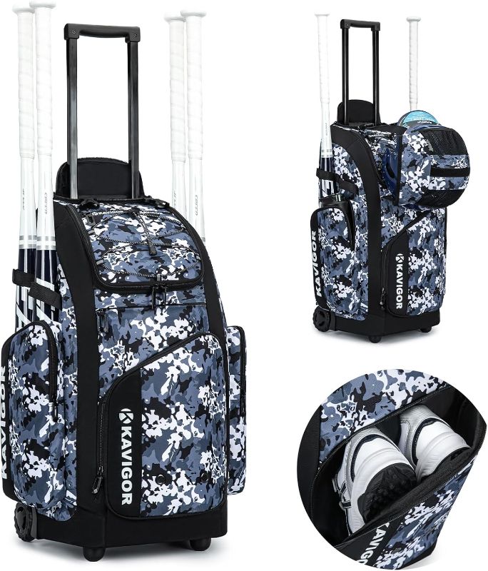 Photo 1 of Rolling Baseball Bag with Wheels, 60L Capacity Softball Bag Holds 4 Bats for Boys and Girls, Youth Equipment Bag with Shoe Compartment