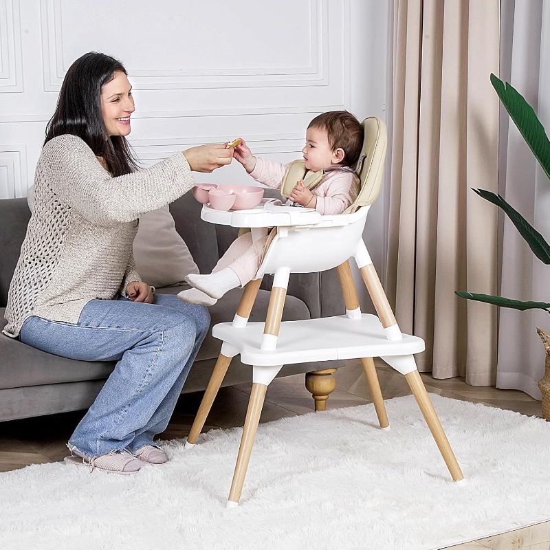 Photo 1 of 6 in 1 High Chair for Babies & Toddlers, Convertible Wooden Baby Highchair, Table and Chair Set, Baby Feeding Chair, 5-Point Adjustable Harness/4-Position Removable Tray& PU Seat