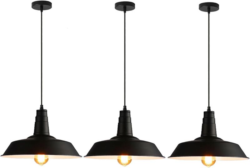 Photo 1 of 3 Pack Farmhouse Pendant Light Vintage Black, Kitchen Island Pendant Lighting 14 inch lampshade, Loft Metal Industrial Pendant Light, Adjustable Hanging E26 Light Fixtures, Bulbs Not Included