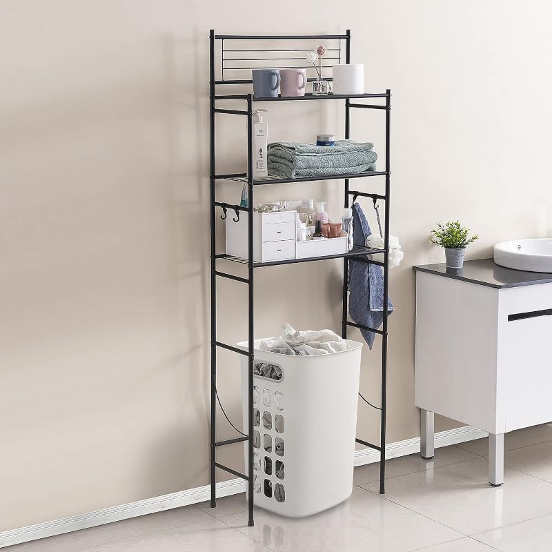 Photo 1 of L&H UNICO 3-Shelf Wire Freestanding Shelving Unit Over The Toilet Storage Organizer Rack Bathroom Space Saver, Includes 4-Hooks, Black
