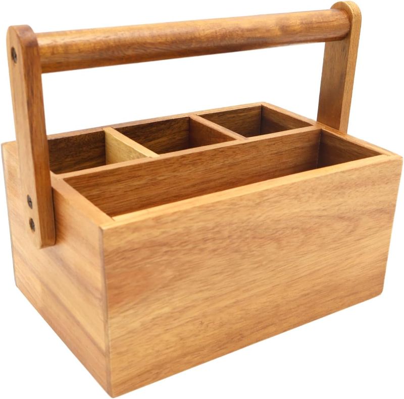 Photo 1 of Acacia Wood Silverware Caddy Organizer,Wooden Flatware Picnic Cutlery Holder Organizer,Silverware Holder for Kitchen Countertop,Outdoor Flatware Caddy for Party,Camping,Cutlery Storage with Handle
