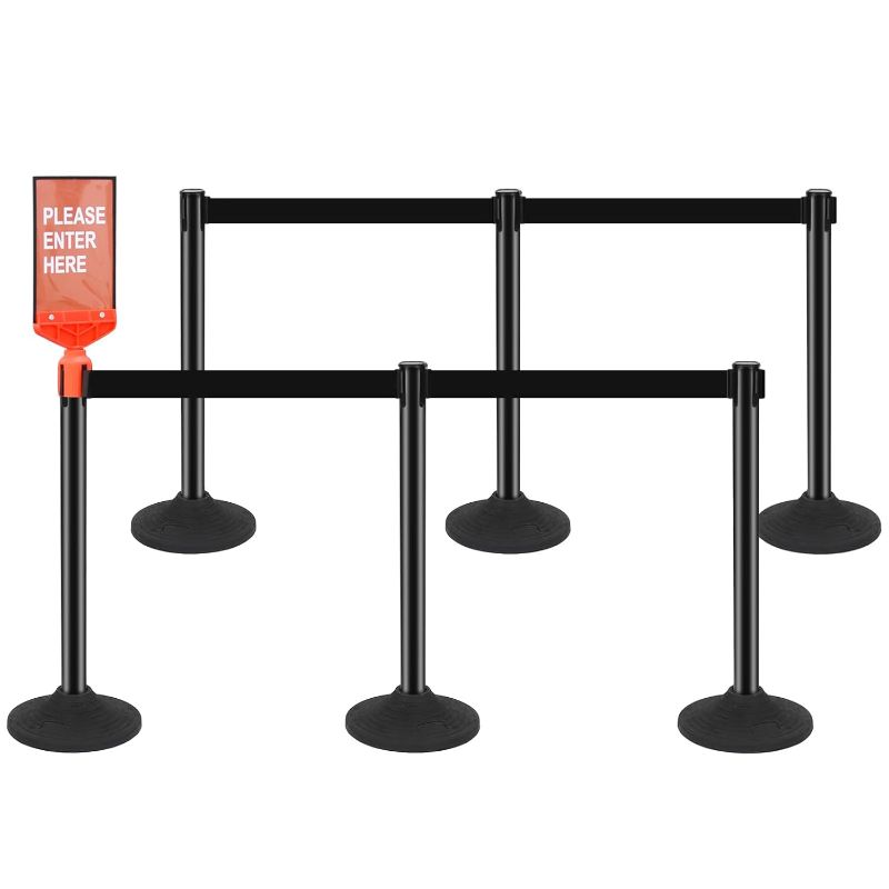 Photo 1 of STARSIGNS 6 Pack Crowd Control Barriers - Weighted Base Stanchions with 10 Feet Retractable Belts Black Stanchion Posts Set for Retail, Banks, Public Spaces