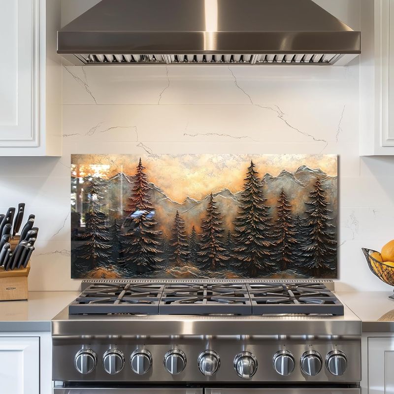 Photo 1 of fzxwyishu Tempered Glass Kitchen Backsplash, Stove Back Top Cover, Splashback Tile,3D Pine Forest Kitchen Sink Cover Splash Guard, Home Kitchen Decor (30"x14"(76.2x35.56cm))