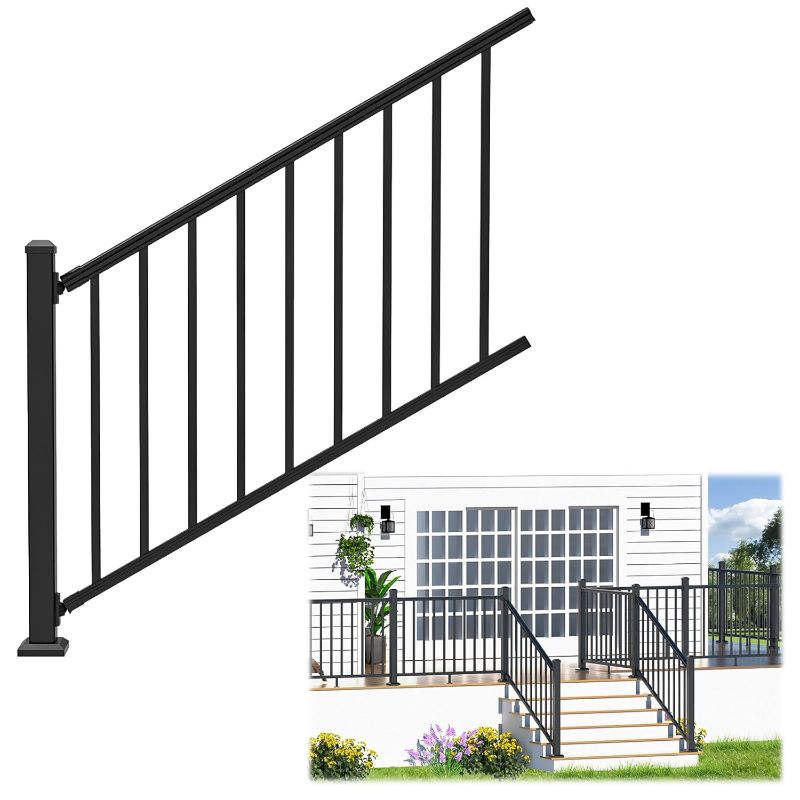 Photo 1 of 36 in. H x 4 ft. W Porch and Deck Railing Kit, Aluminum Stair Railing Kit, Black Textured Powder-Coat Finish Railing System for Concrete Steps or Wooden Stairs(1 Post, 1 Panel)
Visit the Egadis Store