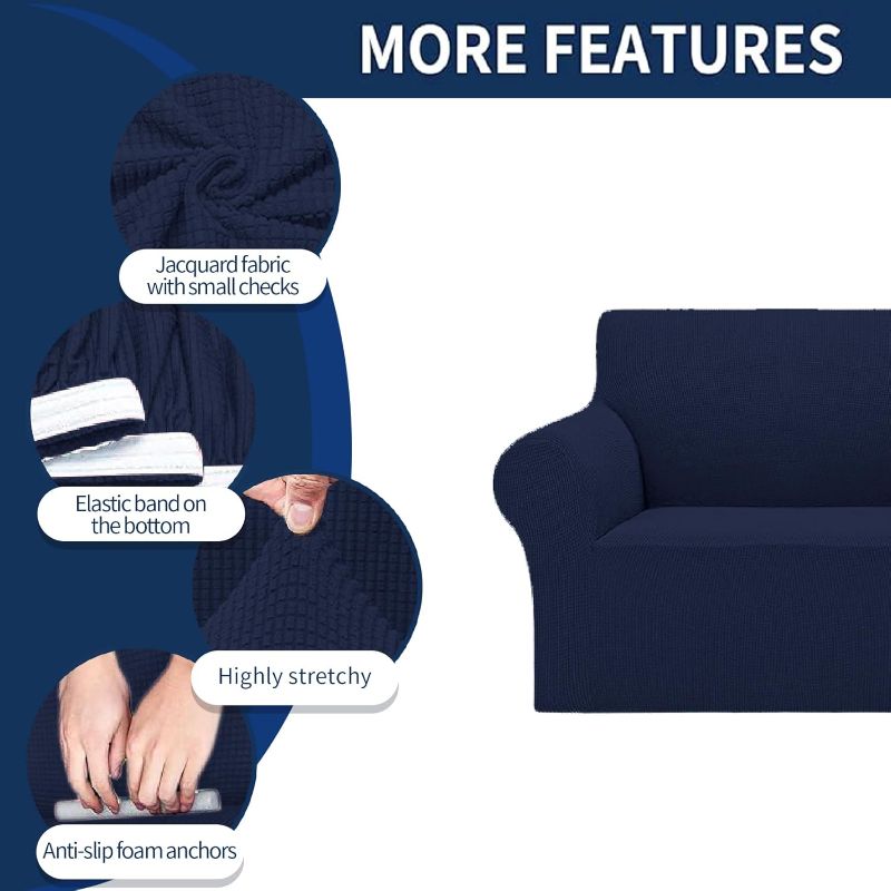 Photo 1 of 2025 New Stretch Loveseat Sofa Slipcovers Couch Cover for 2 Cushion Furniture Protector Sofa Covers with Elastic Bottom Jacquard Fabric Small Checks for Pets, Kids - Navy