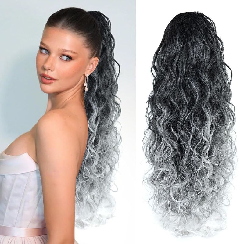 Photo 1 of Fashion Icon Curly Wavy Ponytail Extension Clip In Wave Real Hair Black Ponytail Drawstring Clip On Extensions Hair Body Thick Weave Fake Pony tails Synthetic Hairpiece for Women 26 Inch