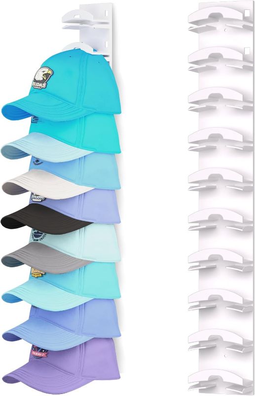 Photo 1 of Hat Organizer for Baseball Caps, Hat Rack for Wall with Strong Adhesive Hold up to 10 Hats, Hat Hanger Holder Display for Door Closet, Cap Organizer Storage Multilayer Two Mounting Option(White)