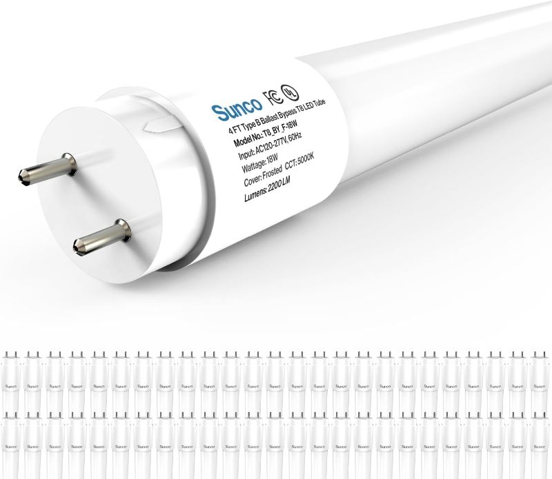 Photo 1 of Sunco 50 Pack T8 LED Bulbs 4 Foot, Tube Light Bulbs Ballast Bypass, 48 Inch Fluorescent Replacement, 2200 LM, 18W, 5000K Daylight, Single Ended Power, Type B, Frosted Lens UL.