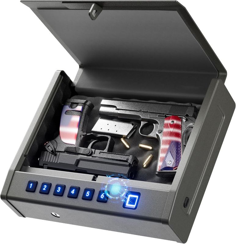 Photo 1 of Biometric  Safe for Handgun – Quick Access Pistol Safe with 100 Fingerprints, Backlit Keypad & Backup Keys – Gun Lock Box for Nightstand, Bedside, Car, Truck & Vehicle Use