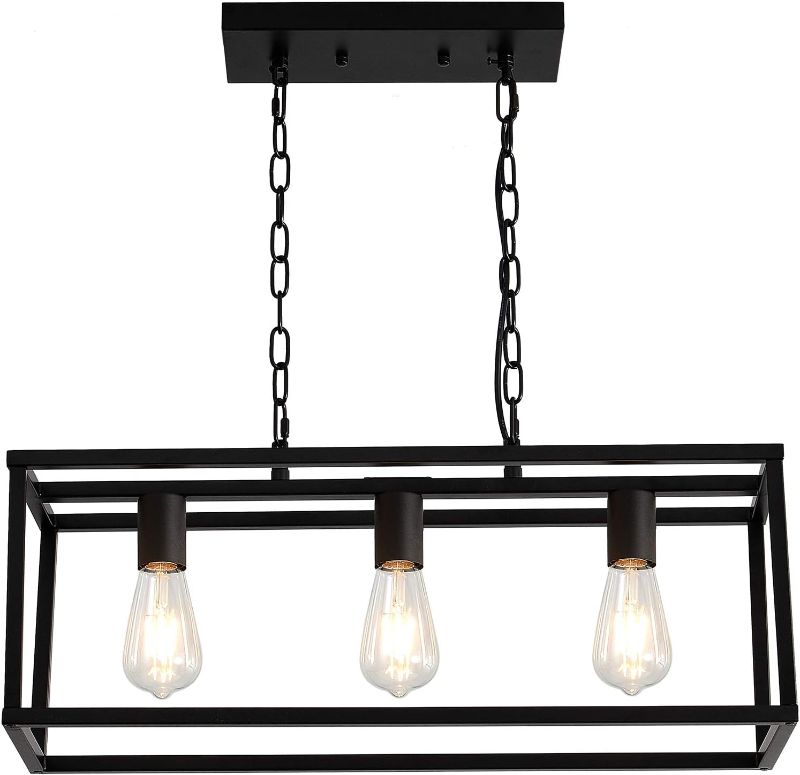 Photo 1 of Modern Chandeliers Rectangle Black 3 Light Dining Room Lighting Fixtures Hanging,Kitchen Island Cage Linear Pendant Farmhouse Ceiling Light
