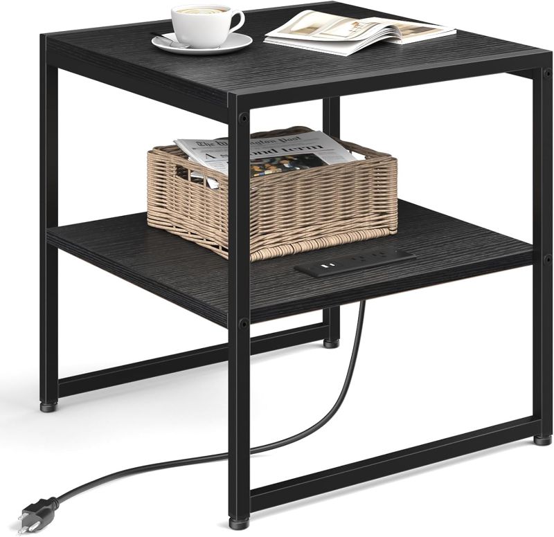 Photo 1 of Tatub 20" End Table with Charging Station, Industrial Square Side Table with USB Ports & Outlets, Versatile 2-Tier Small Nightstand for Bedroom Living Room, Black