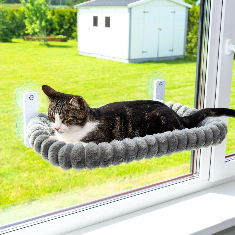 Photo 1 of Cat Window Perch — Premium Cat Window Hammock with 4 Large Suction Cups & Soft Bubble Cushion; Strong Rustproof Metal Frame Window Bed Holding 40lbs; Easy Assembly Perch for Indoor Cats; Gray