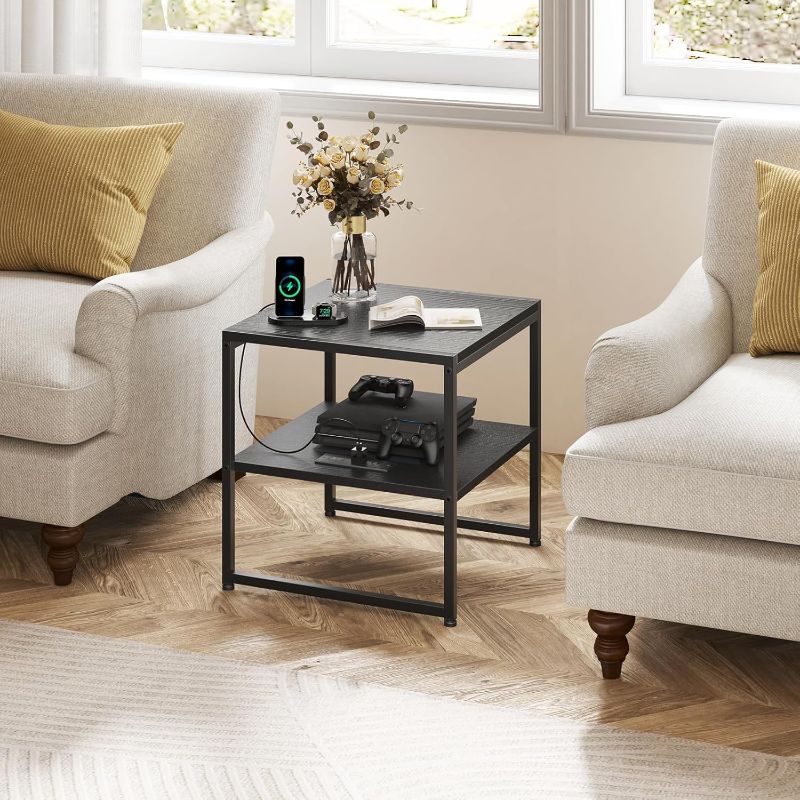 Photo 1 of Tatub 20" End Table with Charging Station, Industrial Square Side Table with USB Ports & Outlets, Versatile 2-Tier Small Nightstand for Bedroom Living Room, Black