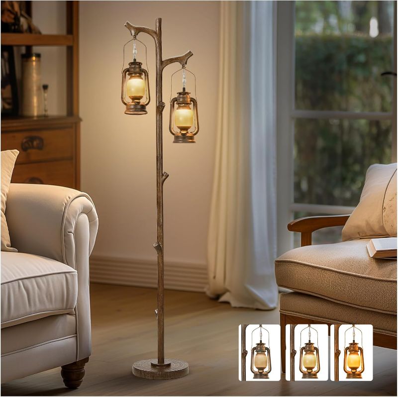 Photo 1 of 68" Rustic Farmhouse Tree Trunk Floor Lamp Country Brown Finish Wood Vintage Standing Tall Lamp with Lantern Stepless Dimmable Industrial Floor Lamp Decor for Bedroom Living Room Office Hotel