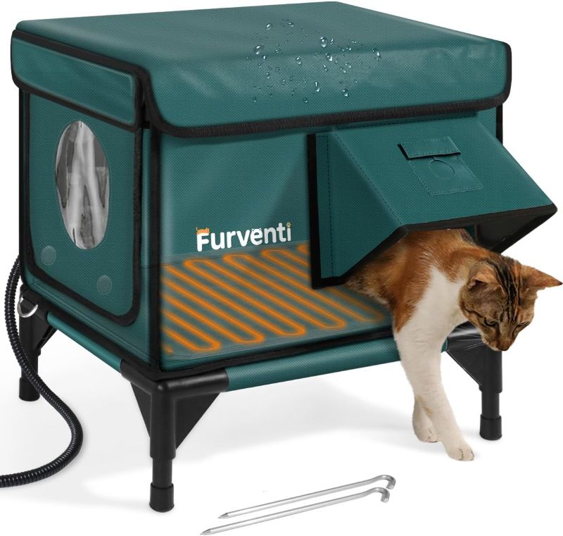Photo 1 of Outdoor Heated Cat House in Winter,Extremely Insulated & Weatherproof,Elevated Feral Cat Shelter with Waterproof Eaves & Escape Door for Outside Stray Barn Cat (Dark Green,S)