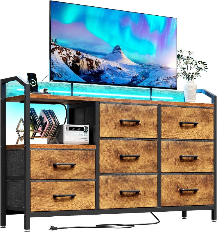 Photo 1 of Dresser for Bedroom with Light Strip & Power Outlet — 7 Drawers Dressers & Chest of Drawers with Shelf, Wood Top, Metal Frame, Wide Dressers for Girls Bedroom, Living Room, Hallway, Closet,Vintage
