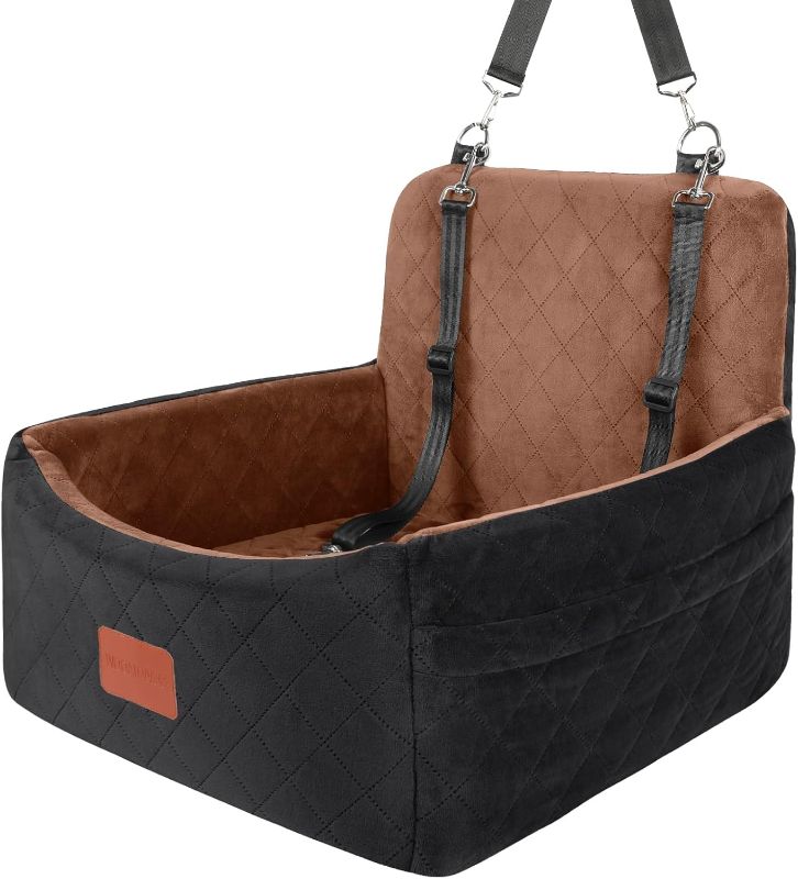 Photo 1 of Dog Car Seat for Small Dogs Under 30lbs,Ultra Soft Fabric & Memory Foam Pet Travel Car Bed,Washable & Detachable,Anti-Slip Bottom,2 Storage Pockets and Safety Tethers(Black/Brown)