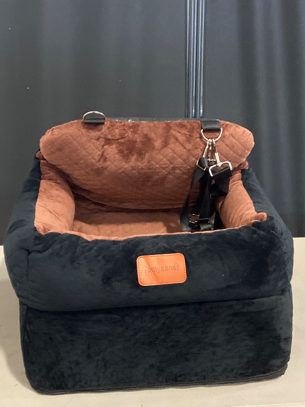 Photo 1 of Dog Car Seat for Small Dogs Under 30lbs,Ultra Soft Fabric & Memory Foam Pet Travel Car Bed,Washable & Detachable,Anti-Slip Bottom,2 Storage Pockets and Safety Tethers(Black/Brown)