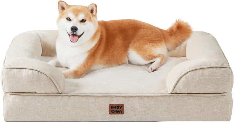 Photo 1 of EHEYCIGA Orthopedic Dog Beds for Large Dogs, Waterproof Memory Foam Large Pet Bed with Sides, Non-Slip Bottom and Egg-Crate Foam Dog Couch Bed with Washable Removable Cover, Beige