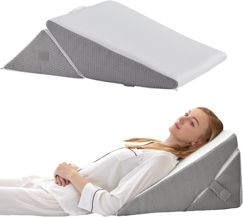 Photo 1 of Wedge Pillow for Sleeping, Adjustable 9&12 Inch Foldable Bed Wedge Pillow Set, Orthopedic Memory Foam Triangle Pillows Wedge, 7-in-1 Elevated Pillows for Leg and Back Support, White/Grey