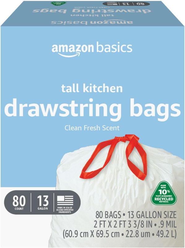 Photo 1 of Amazon Basics 13 Gallon Tall Kitchen Drawstring Trash Bags, Clean Fresh Scent, 10% Post Consumer Recycled, 80 count