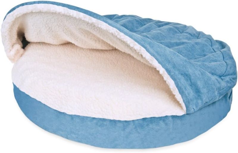 Photo 1 of Furhaven 26" Round Orthopedic Dog Bed for Medium/Small Dogs w/ Removable Washable Cover, For Dogs Up to 30 lbs - Sherpa & Suede Snuggery - Blue, 26-inch