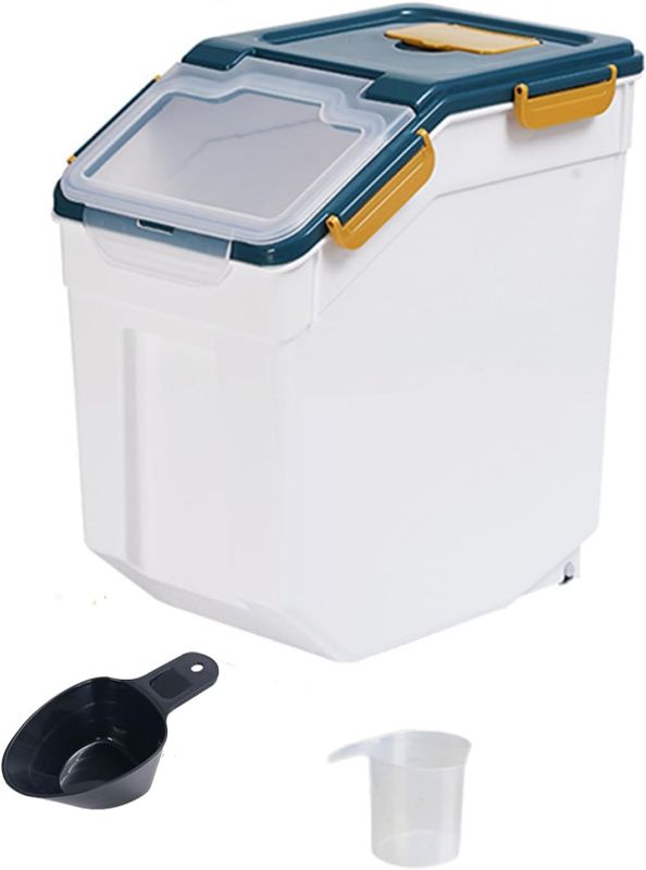 Photo 1 of Large Flour Storage Container Bin 25lb, Airtight Rice Storage Containers with Wheels Seal Locking Lid, BPA Free with Measuring Cup&Scoop for Flour, Rice, Grain(Blue)