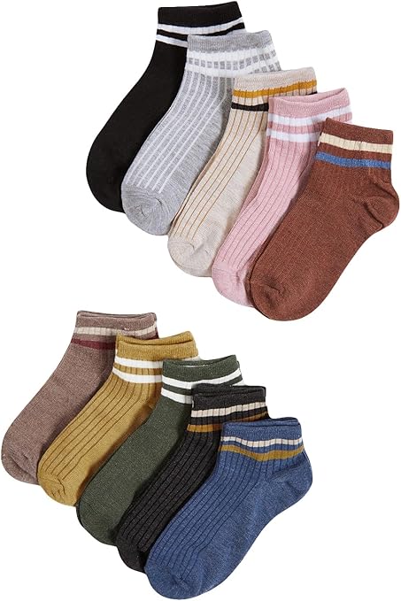 Photo 1 of Regular Size - OYOANGLE Women's 10 Pairs Vintage Striped Ankle Socks Athletic Sport Casual Crew Socks