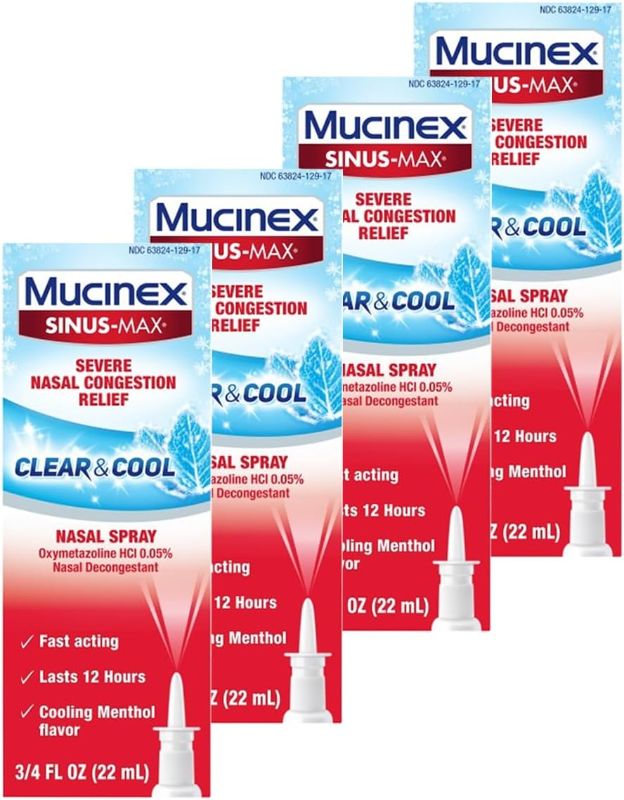 Photo 1 of Mucinex Nasal Decongestant Spray, Sinus-Max Severe Nasal Congestion Relief Clear & Cool Nasal Spray, Lasts 12 Hours, Fast Acting, Cooling Menthol Flavor, Packaging May Vary, 0.75 Fl Oz (Pack of 4)