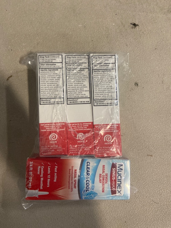 Photo 1 of Mucinex Nasal Decongestant Spray, Sinus-Max Severe Nasal Congestion Relief Clear & Cool Nasal Spray, Lasts 12 Hours, Fast Acting, Cooling Menthol Flavor, Packaging May Vary, 0.75 Fl Oz (Pack of 4)