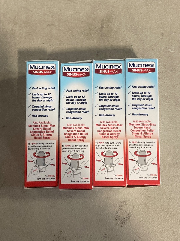 Photo 1 of Mucinex Nasal Decongestant Spray, Sinus-Max Severe Nasal Congestion Relief Clear & Cool Nasal Spray, Lasts 12 Hours, Fast Acting, Cooling Menthol Flavor, Packaging May Vary, 0.75 Fl Oz (Pack of 4)