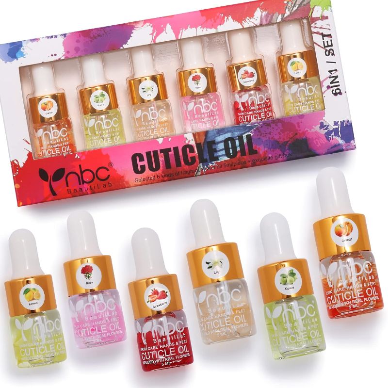 Photo 1 of Cuticle Oil Set - 6pcs with Flowers, Vitamin E for Nail Repair & Strengthening