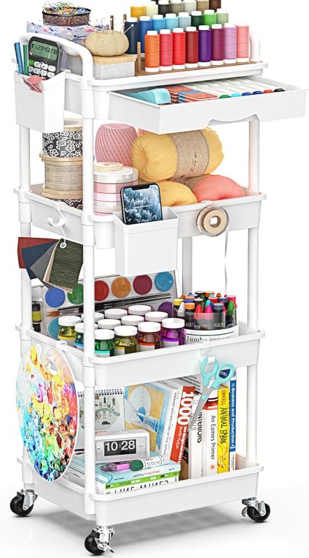 Photo 1 of 4 Tier Rolling Utility Cart with Drawer, Storage Organizer Cart with 2 Lockable Wheels, Multifunctional Rolling Storage Cart for Bathroom, Kitchen, Craft, Makeup, Baby Essentials, White