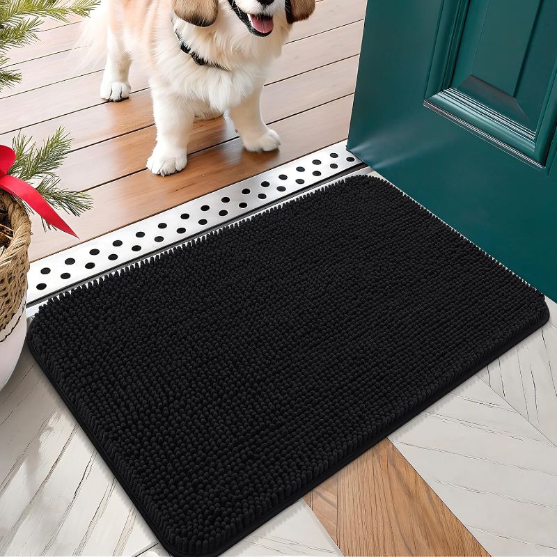 Photo 1 of OLANLY Dog Door Mat for Muddy Paws 24x16, Absorbs Moisture and Dirt, Absorbent Non-Slip Washable Doormat, Quick Dry Chenille Mud Mat for Dogs, Entry Indoor Entryway Carpet for Inside Floor, Black